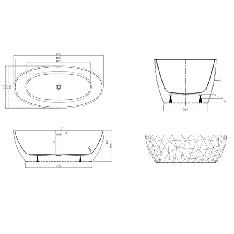 Cada de baie, freestanding, acril, ventil si preaplin crom inclus, Alb lucios exterior Alb Mat interior, 170x80 cm, Valencia