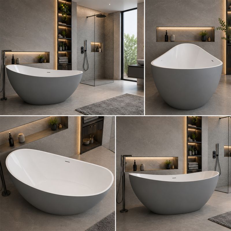Cada de baie, freestanding, acril, ventil si preaplin crom inclus, Gri Mat exterior Alb Lucios interior, 160x80 cm, Cairo