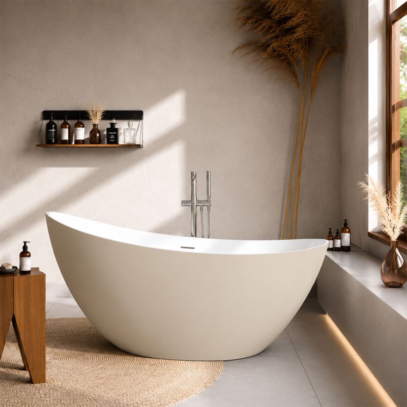 Cada de baie, freestanding, acril, ventil si preaplin crom inclus, Jasmine Mat exterior Alb Lucios interior, 160x80 cm, Cairo