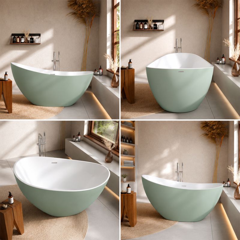 Cada de baie, freestanding, acril, ventil si preaplin crom inclus, Verde Mint Mat exterior Alb Lucios interior, 160x80 cm, Cairo