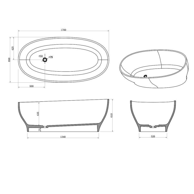 Cada de baie, freestanding, compozit mineral, ventil alb inclus, Alb Lucios, 170x85 cm, Noemi
