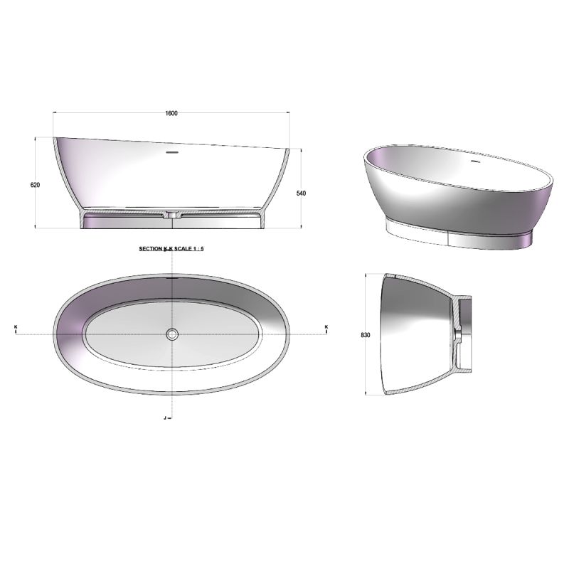 Cada de baie, freestanding, compozit mineral, ventil inclus, Antracit Mat, 160x83 cm, Edena