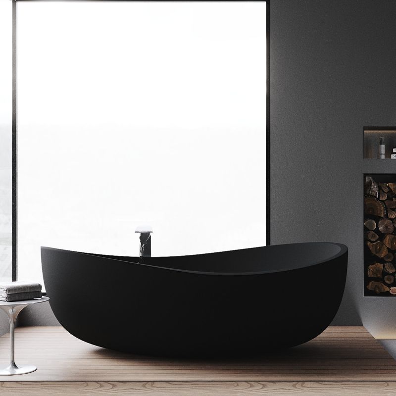 Cada de baie, freestanding, compozit mineral,  ventil negru inclus, Negru Mat, 180x109 cm, Lirio