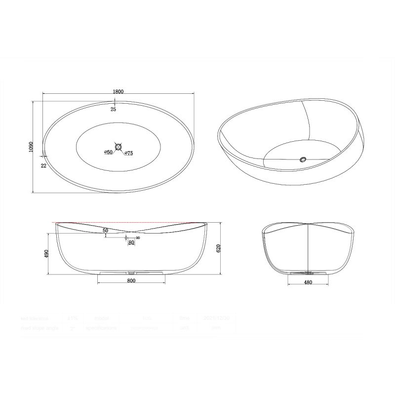 Cada de baie, freestanding, compozit mineral,  ventil negru inclus, Negru Mat, 180x109 cm, Lirio