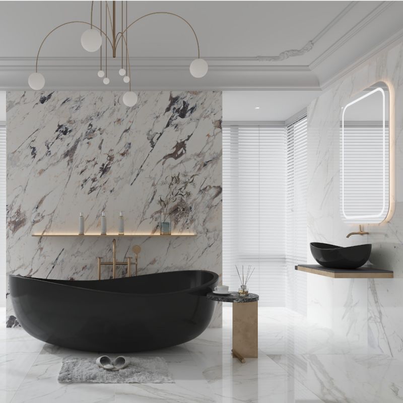 Cada de baie, freestanding, compozit mineral,  ventil negru inclus, Negru Mat, 180x109 cm, Lirio