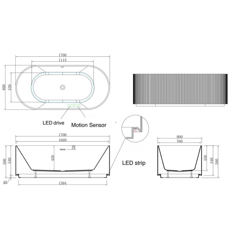 Cada de baie, freestanding, Iluminare Led, senzor miscare,  Acril, ventil  inclus, Negru Lucios, 170x80 cm, Eliza