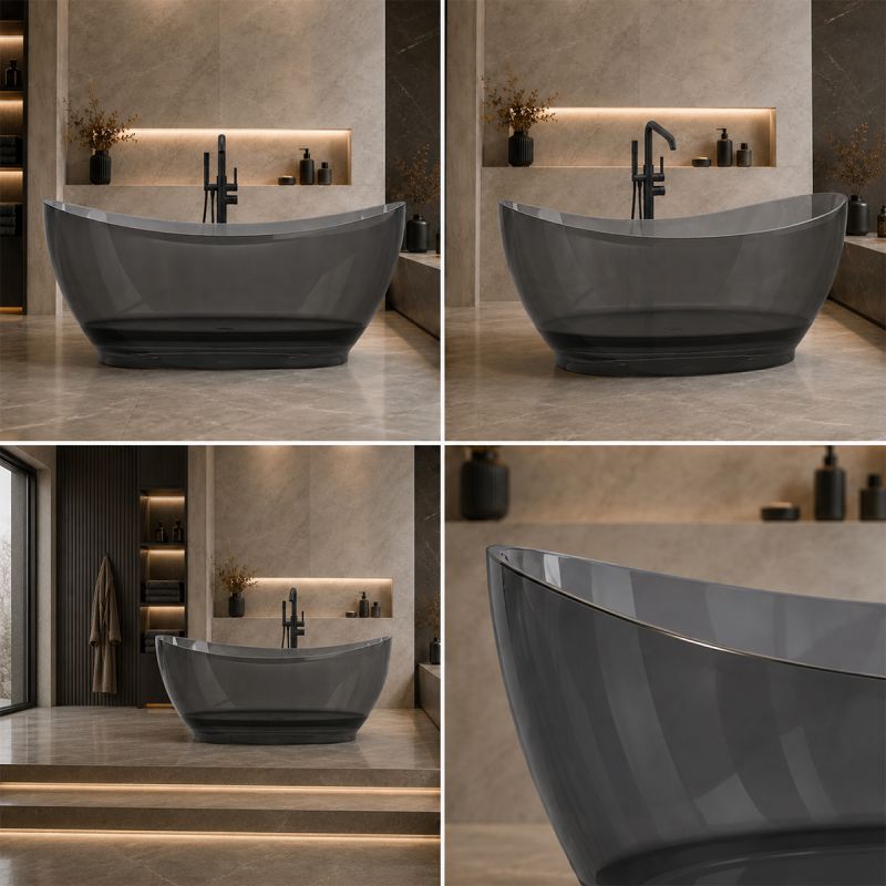 Cada de baie, freestanding, Rasina, ventil crom inclus, culoarea Gri Fumuriu, transparent, 170x80 cm, Selora