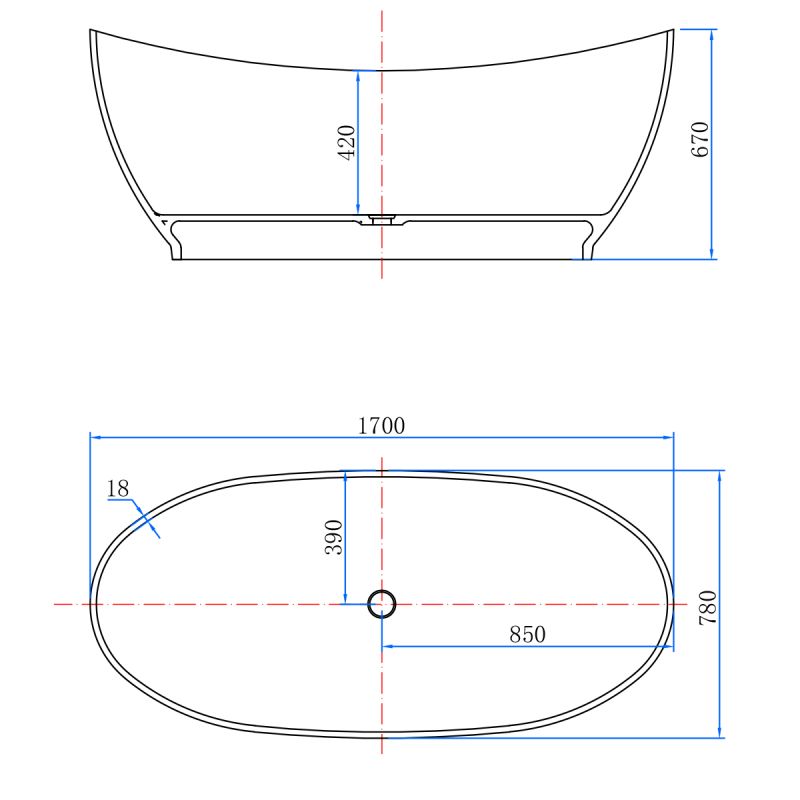 Cada de baie, freestanding, Rasina, ventil crom inclus, culoarea Rosu Visiniu, transparent, 170x80 cm, Selora