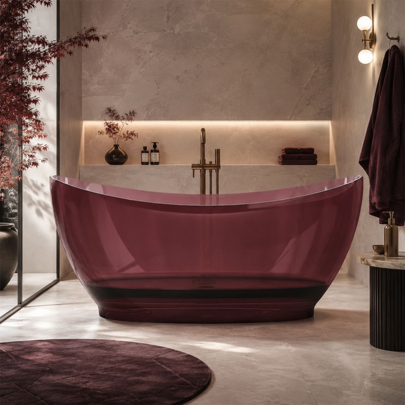 Cada de baie, freestanding, Rasina, ventil crom inclus, culoarea Rosu Visiniu, transparent, 170x80 cm, Selora