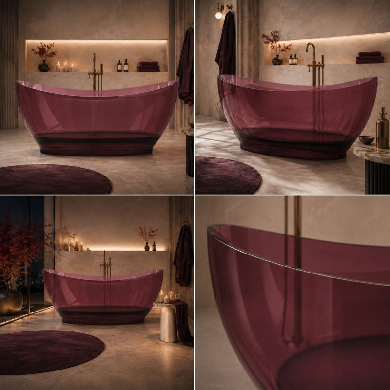 Cada de baie, freestanding, Rasina, ventil crom inclus, culoarea Rosu Visiniu, transparent, 170x80 cm, Selora