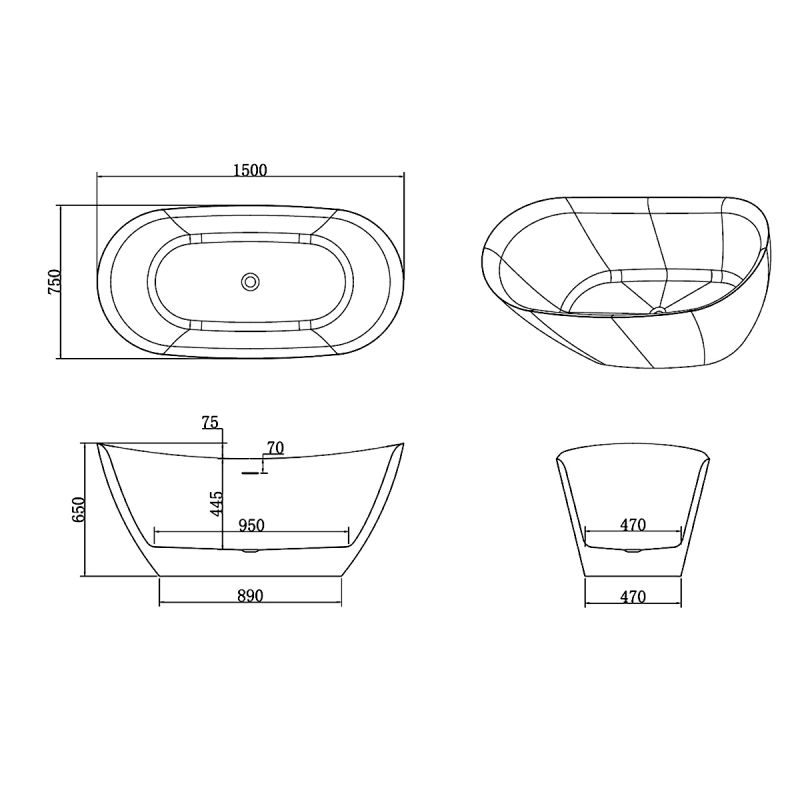 Cada de baie Kevin, Acril sanitar, alb lucios, 150, 160, 170 cm, izolare termica, freestanding
