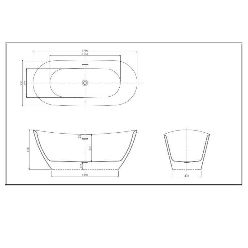 Cada de baie Kevin, Acril sanitar, Negru Lucios interior si exterior, 170 cm, izolare termica, freestanding