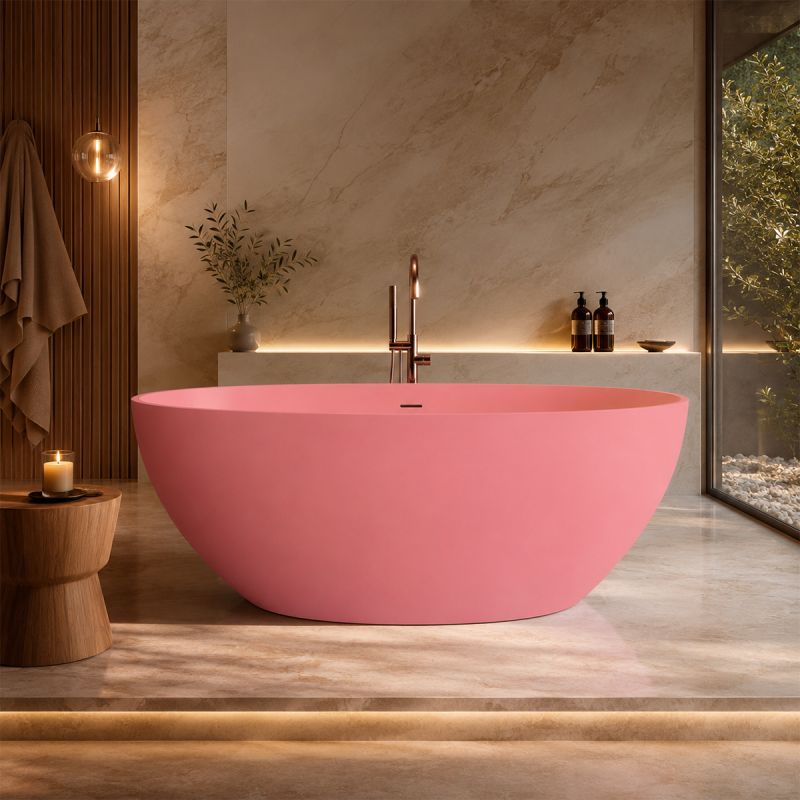 Cada de baie, Roz somon Mat, compozit mineral, freestanding, ventil crom inclus, 170x78 cm, Aveline