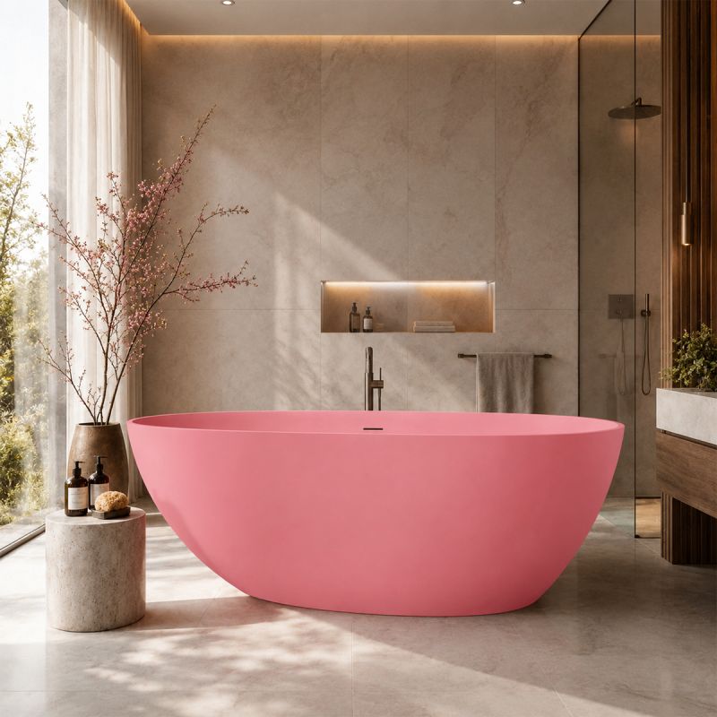 Cada de baie, Roz somon Mat, compozit mineral, freestanding, ventil crom inclus, 170x78 cm, Aveline