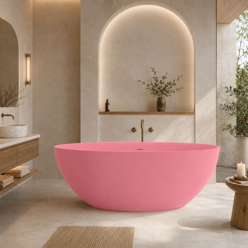 Cada de baie, Roz somon Mat, compozit mineral, freestanding, ventil crom inclus, 170x78 cm, Aveline