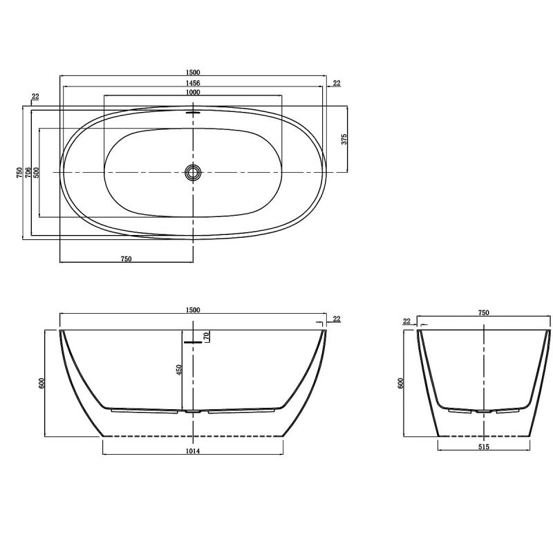 Cada de baie Zinon, Acril sanitar, Alb Lucios, 150, 160, 170 cm, izolare termica, freestanding