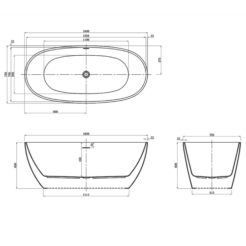 Cada de baie Zinon, Acril sanitar, Alb Lucios, 150, 160, 170 cm, izolare termica, freestanding