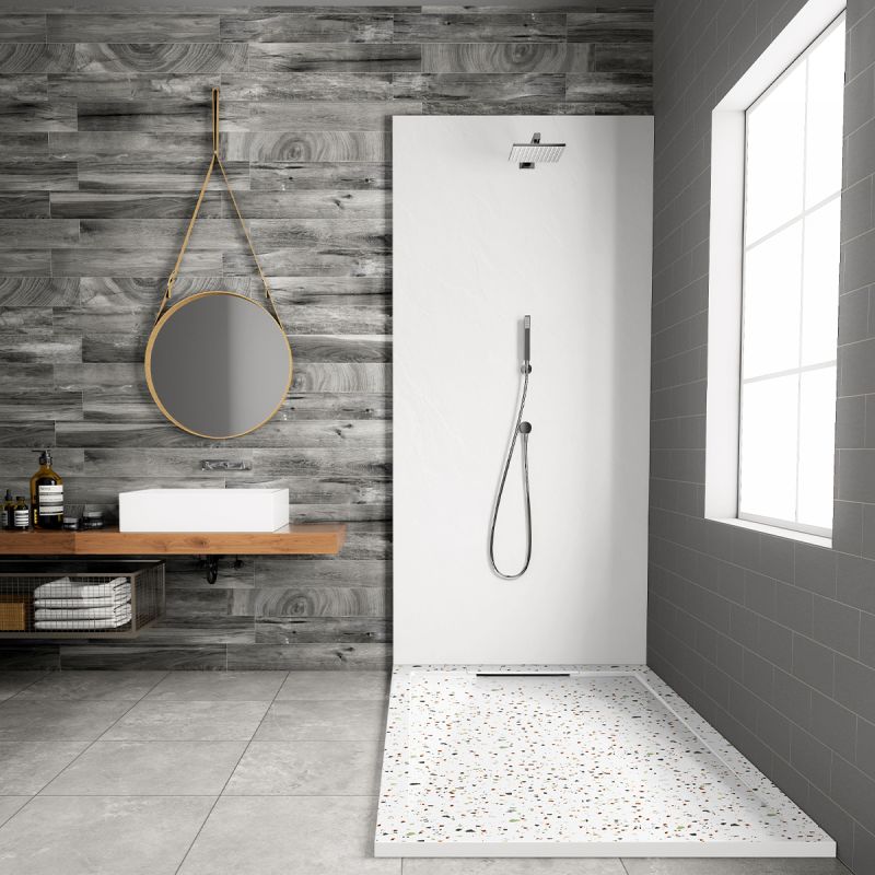 Cadita de dus, Alb, finisaj Terrazzo, compozit mineral, inaltime 2.5 dimensiuni 100-120x80-90 cm, decupabila, Antonio