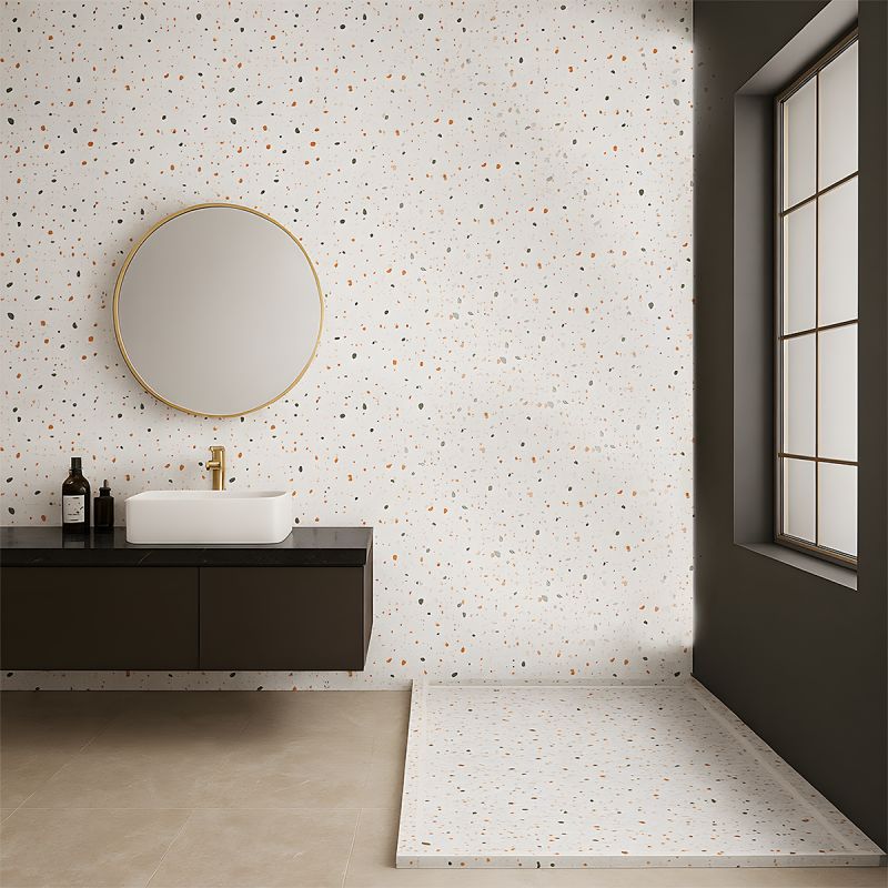 Cadita de dus, Alb, finisaj Terrazzo, compozit mineral, inaltime 2.5 dimensiuni 100-120x80-90 cm, decupabila, Antonio