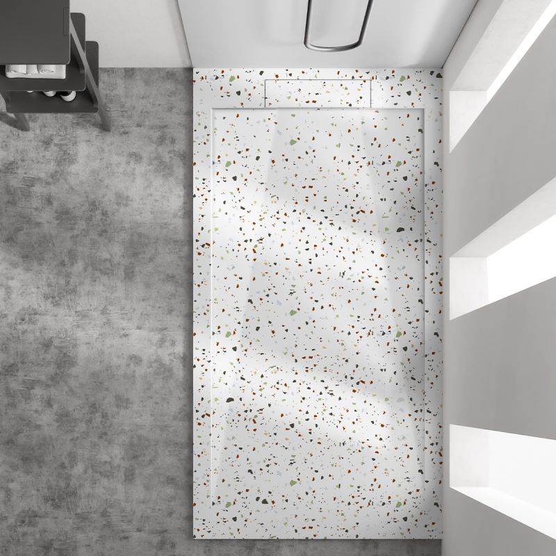Cadita de dus, Alb, finisaj Terrazzo, compozit mineral, inaltime 2.5 dimensiuni 100-120x80-90 cm, decupabila, Antonio