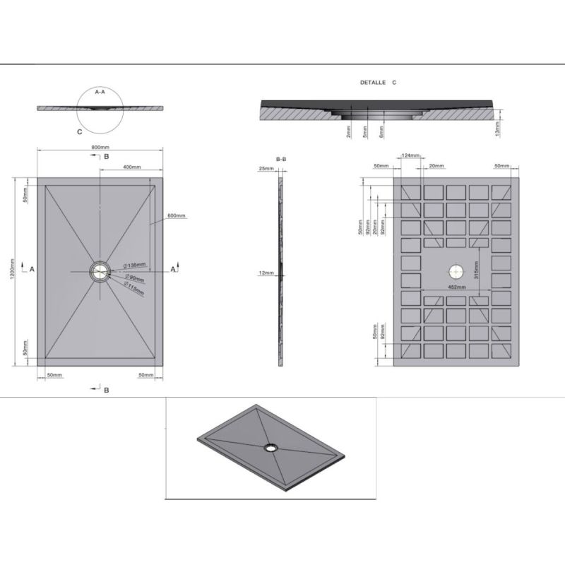 Cadita de dus, compozit mineral, 120x80 cm, inaltime 2.5 cm, Antracit, decupabila, Alvaro