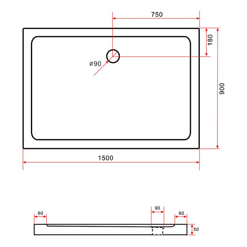 Cadita de dus EGO Arcadia, acril sanitar, forma dreptunghiulara, Alb, inaltime de 5 cm, dimensiuni 150 x 90 cm