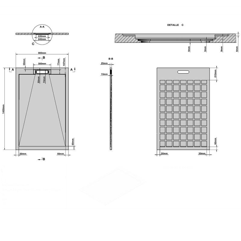 Cadita de dus, Gri Pietra, finisaj Marble Mat, compozit mineral, dimensiuni 100-160x70-90 cm, decupabila, Antonio