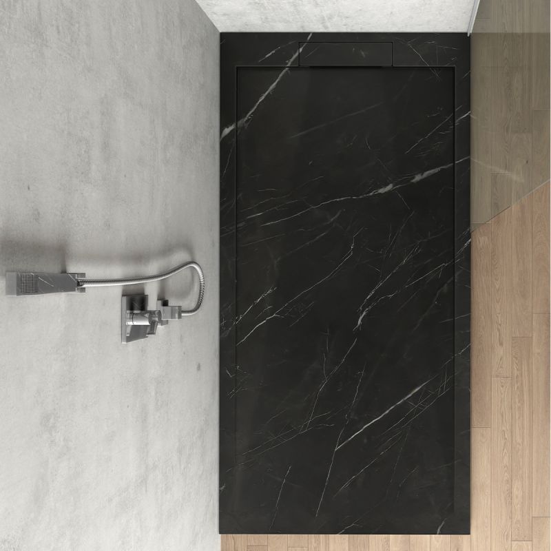 Cadita de dus, Negru Marquina, finisaj Marble Mat, compozit mineral, dimensiuni 100-160x70-90 cm, decupabila, Antonio