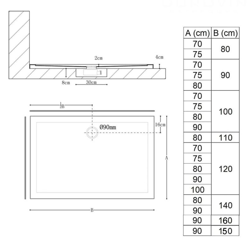 Cadita dreptunghiulara slim Resigiliat, 4 cm inaltime, dimensiune 90 x 120 cm, acril sanitar, FARO