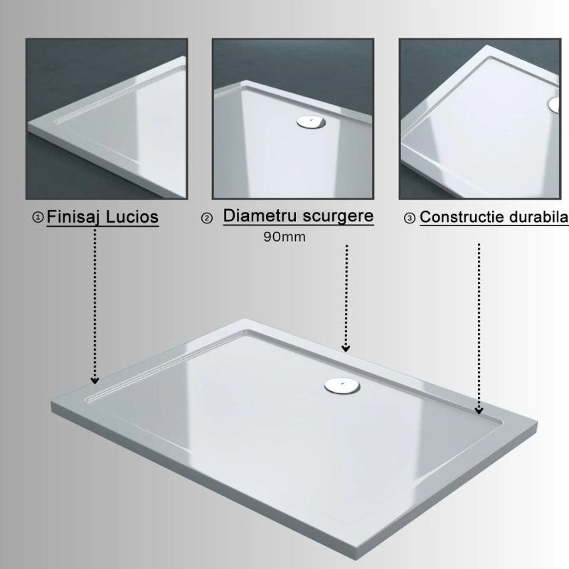 Cadita dreptunghiulara slim Resigiliat, 4 cm inaltime, dimensiune 90 x 120 cm, acril sanitar, FARO