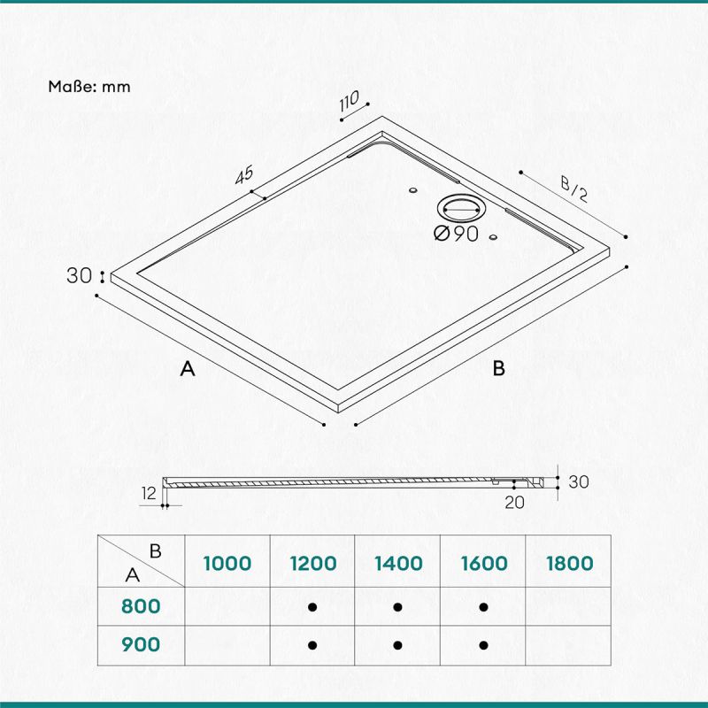 Cadita dus, compozit de marmura, scurgere ascunsa, inaltime 3 cm, Alb, dimensiune: 80-90x120-140-160 cm, GEO10