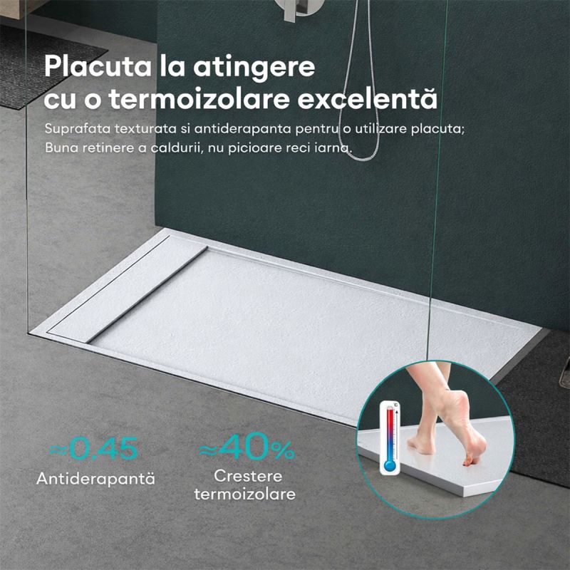 Cadita dus, compozit de marmura, scurgere ascunsa, inaltime 3 cm, Alb, dimensiune: 80-90x120-140-160 cm, GEO10
