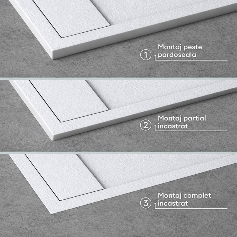Cadita dus, compozit de marmura, scurgere ascunsa, inaltime 3 cm, Alb, dimensiune: 80-90x120-140-160 cm, GEO10