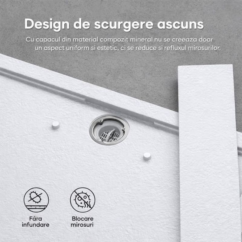 Cadita dus, compozit de marmura, scurgere ascunsa, inaltime 3 cm, Alb, dimensiune: 80-90x120-140-160 cm, GEO10