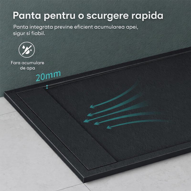 Cadita dus, compozit de marmura, scurgere ascunsa, inaltime 3 cm, Antracit Mat, dimensiune: 80-90x120 cm, GEO10