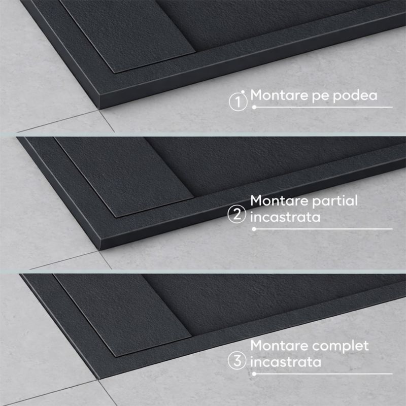 Cadita dus, compozit de marmura, scurgere ascunsa, inaltime 3 cm, Antracit Mat, dimensiune: 80-90x120 cm, GEO10