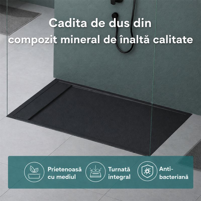 Cadita dus, compozit de marmura, scurgere ascunsa, inaltime 3 cm, Antracit Mat, dimensiune: 80-90x120 cm, GEO10