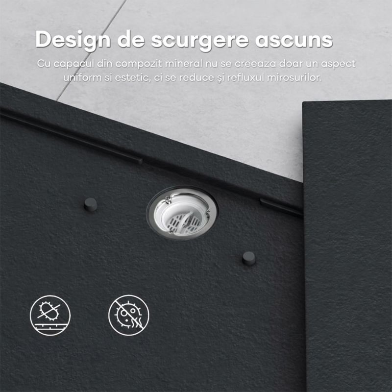 Cadita dus, compozit de marmura, scurgere ascunsa, inaltime 3 cm, Antracit Mat, dimensiune: 80-90x120 cm, GEO10
