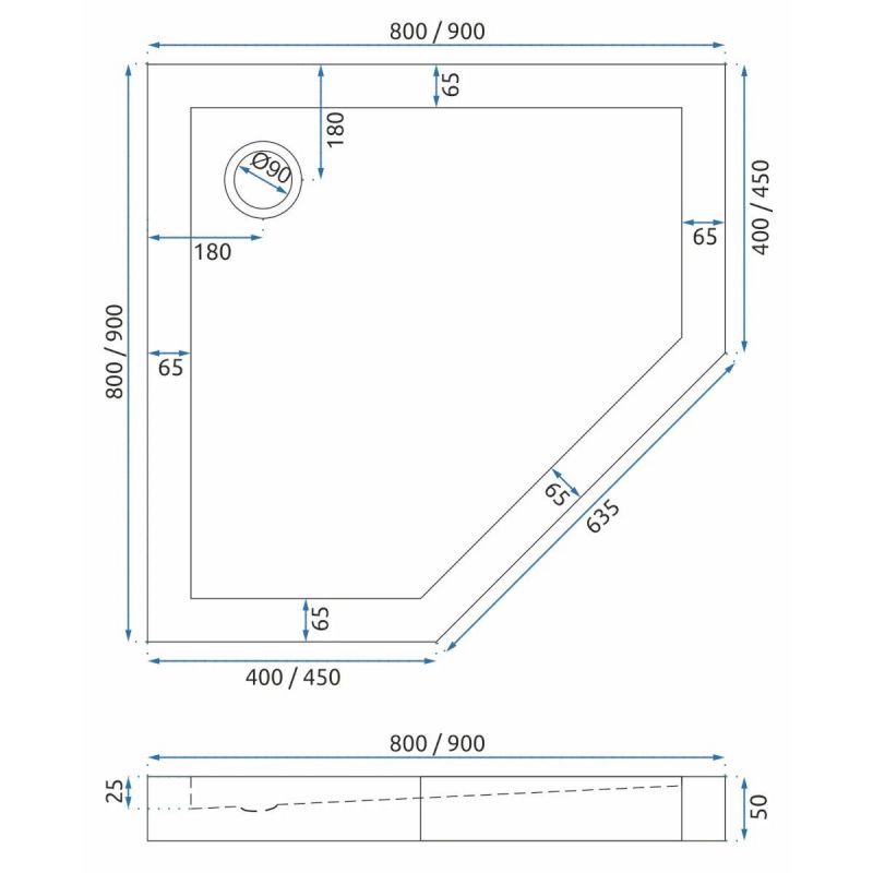 Cadita dus Diamond, Alba, Pentagonala, 90x90 cm, inaltime 5 cm, acril sanitar pur