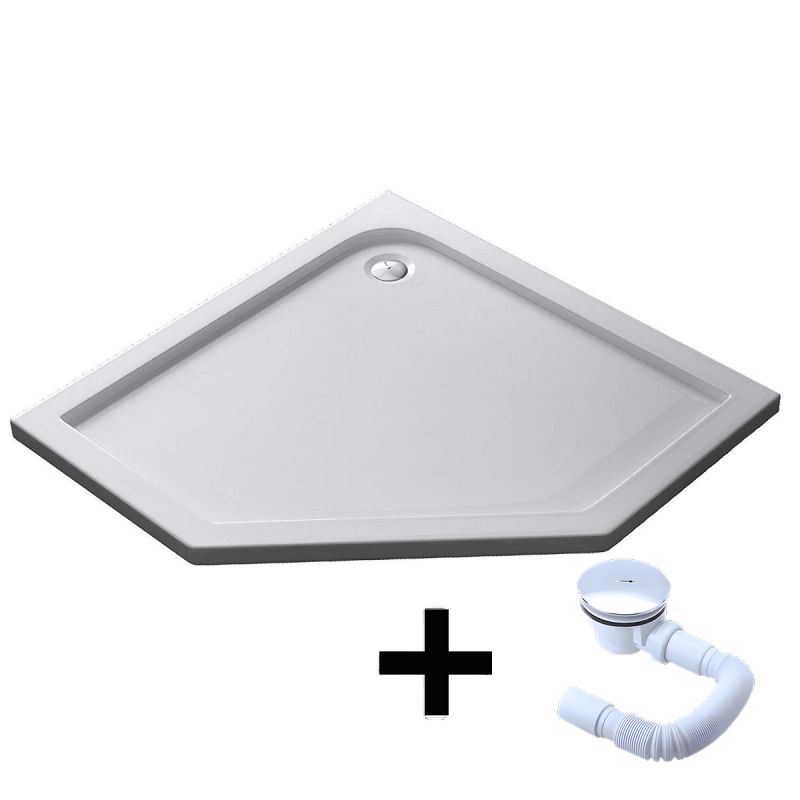 Cadita dus Faro, Alba, Pentagonala, sifon inclus, 90x90 cm, inaltime 4 cm, acril sanitar pur