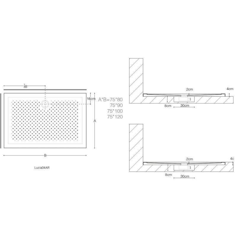 Cadita dus Slim  EGO-L, 4 cm inaltime, acril sanitar pur, anti-derapant, latimi intre 75-80x100-110 cm