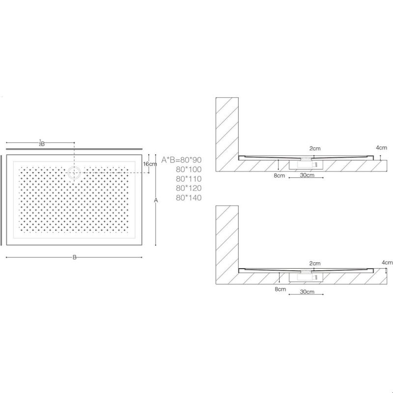 Cadita dus Slim  EGO-L, 4 cm inaltime, acril sanitar pur, anti-derapant, latimi intre 75-80x100-110 cm