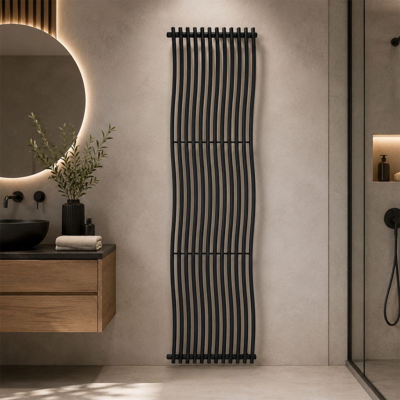 Calorifer decorativ,  design curbat, 12 elementi, conexiune laterala, 180x50 cm, Negru Mat, Sora