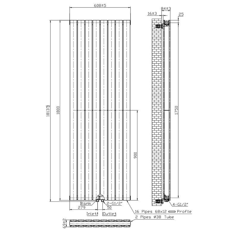 Calorifer dublu vertical, otel, Negru Mat, dimensiune: 180x61 cm, Kalifa