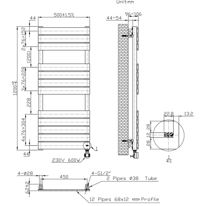 Calorifer electric cu termostat digital LCD din otel, programare saptamanala, Timer, Portprosop, 120-140-160x50 cm, Alb, Nadir