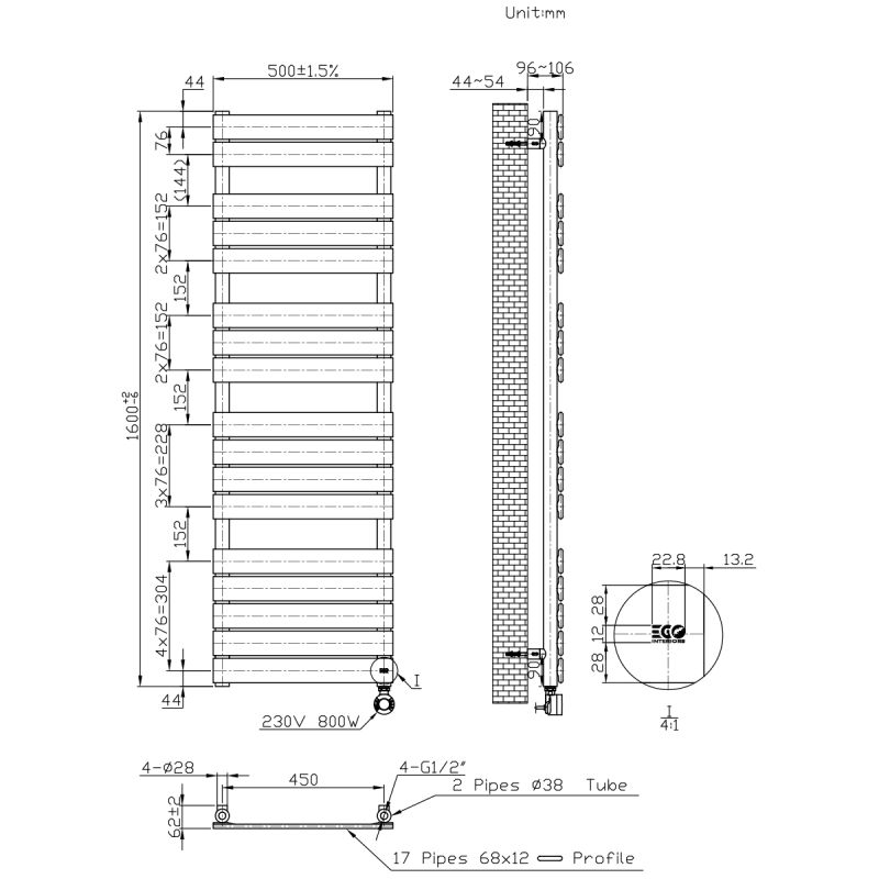 Calorifer electric din otel cu termostat digital LCD, Timer, Portprosop, Antracit, 120-140-160x50 cm, Nadir