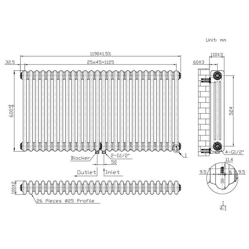 Calorifer orizontal din otel, 119x60 cm, 26 elementi, 1225 W, Antracit, Albion