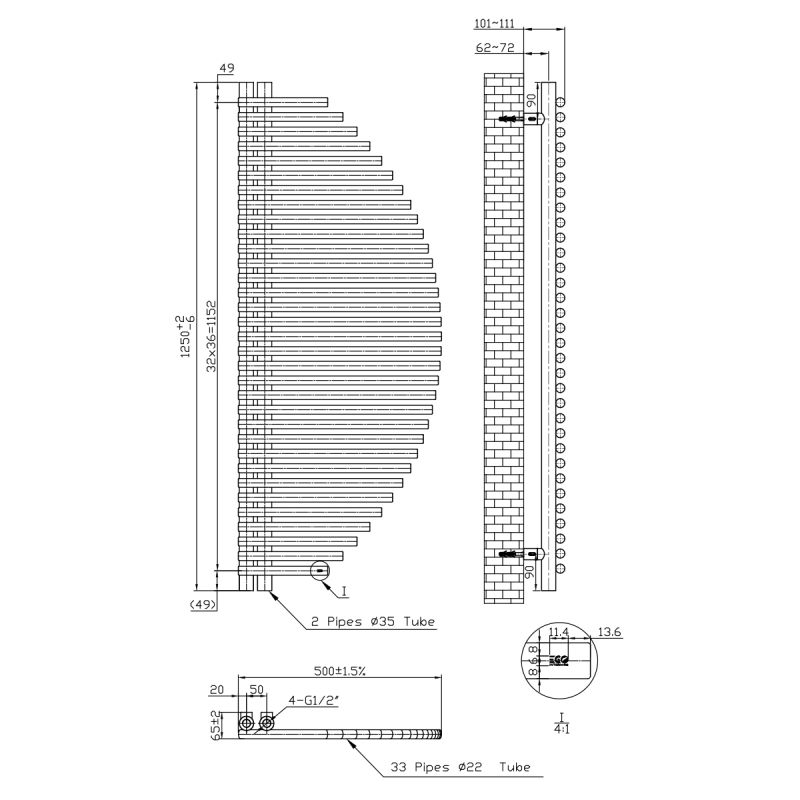 Calorifer, radiator, Portprosop din otel, 33 elementi, 585 W, 125x50 cm, Antracit, Brisa Blanca