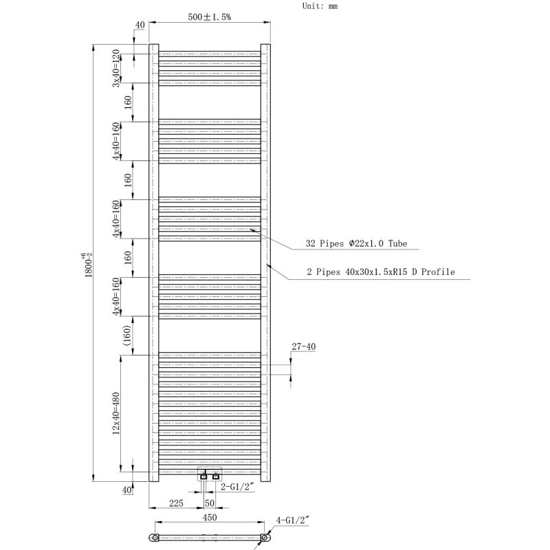 Calorifer, radiator Portprosop din otel, dimensiuni: 120,150,180x50 cm, Alb, Ferano