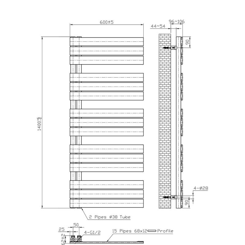 Calorifer, Radiator portprosop din otel, Negru Mat, Dimensiune: 140x60 cm, Nasim